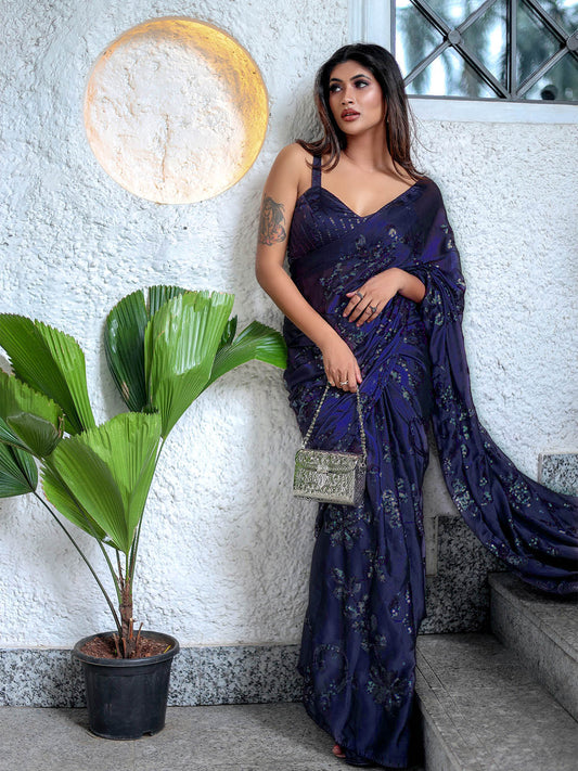 Elegant Blue Ragoli Silk Wedding Saree with Thread & Sequin Embroidery
