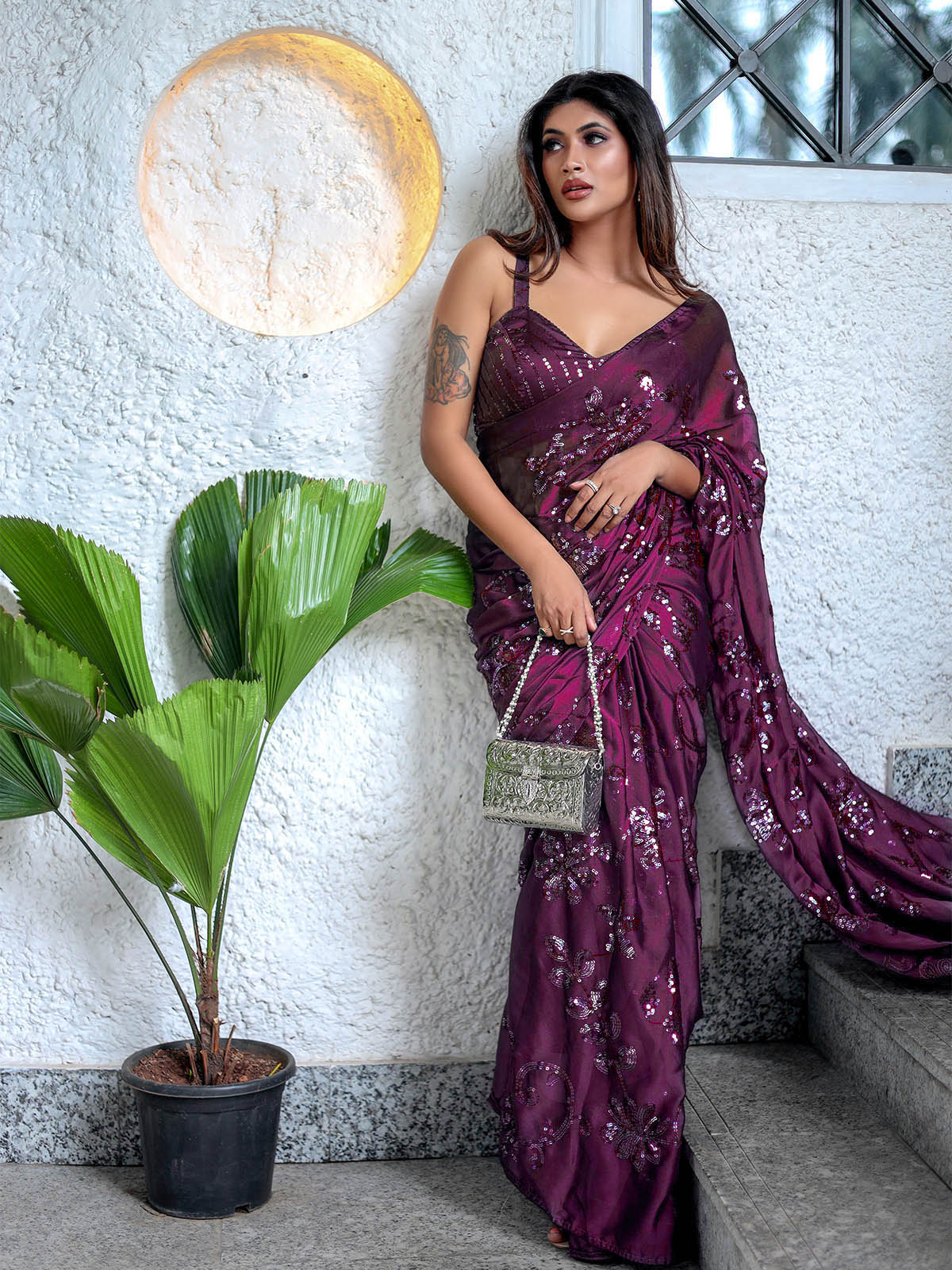 Wine Ragoli Silk Wedding Look Saree | Thread & Sequence Embroidery | With Unstitched Blouse
