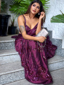 Wine Ragoli Silk Wedding Look Saree | Thread & Sequence Embroidery | With Unstitched Blouse