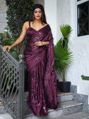 Wine Ragoli Silk Wedding Look Saree | Thread & Sequence Embroidery | With Unstitched Blouse