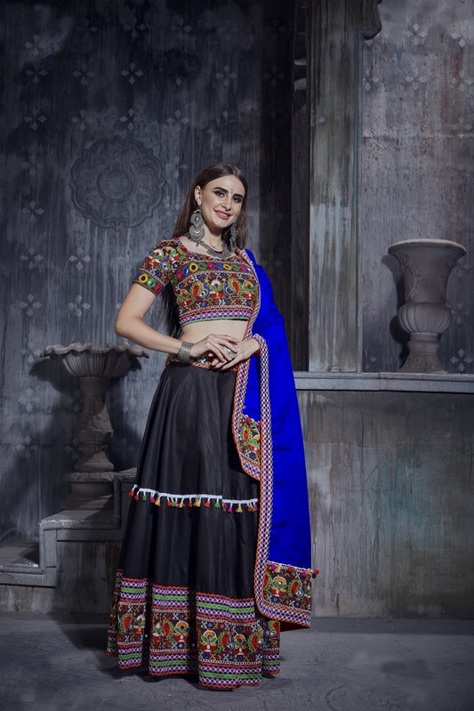 Rajwadi Black Gamthi Embroidered Navratri Chaniya Choli with Royal Blue Dupatta
