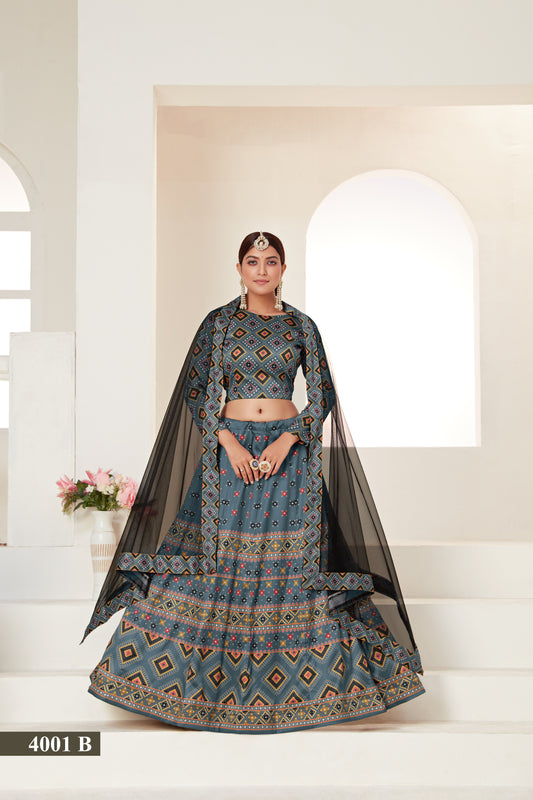 Exquisite Digital Printed Ajmeri Silk Lehenga Choli