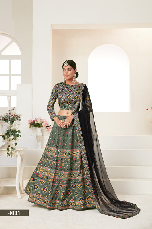 Exquisite Digital Printed Ajmeri Silk Lehenga Choli