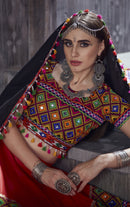 Designer Red & Black Navratri Lehenga Choli with Multicolor Gamthi Mirror Work