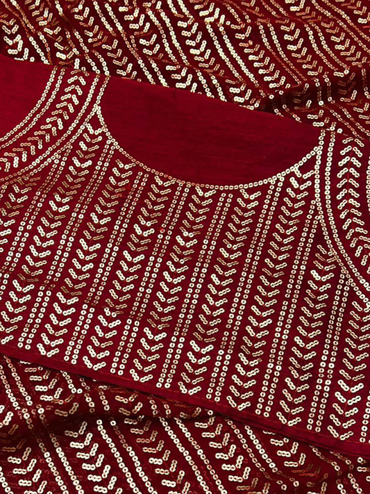 Red-Brown Wedding Look Saree | Sequence Work | Thread Embroidery with Art Silk Blouse