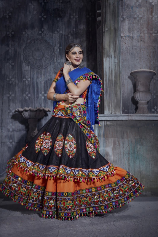 Designer Black & Orange Navratri Chaniya Choli with Blue Dupatta & Kutchi Mirror Work
