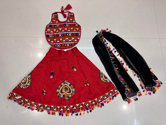 Baby Girl Navratri Chaniya Choli with Embroidered Blouse & Dupatta (Red) (2–3 Years)