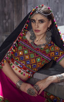Designer Pink Navratri Chaniya Choli with Black Dupatta & Multicolor Mirror Embroidery
