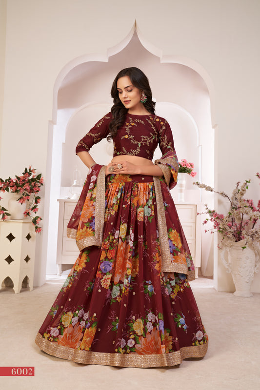Elegant Maroon Floral Georgette Lehenga Choli with Sequins & Dori Work