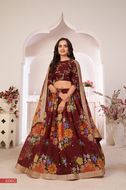 Elegant Maroon Floral Georgette Lehenga Choli with Sequins & Dori Work