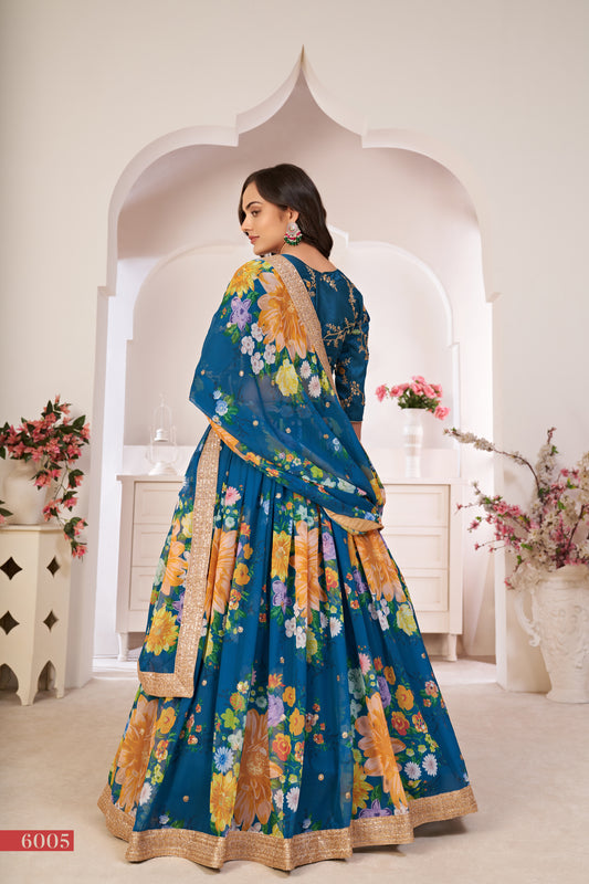 Elegant Rama Green Floral Georgette Lehenga Choli with Sequins & Dori Work