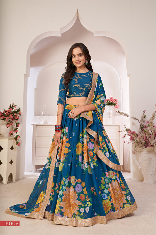 Elegant Rama Green Floral Georgette Lehenga Choli with Sequins & Dori Work