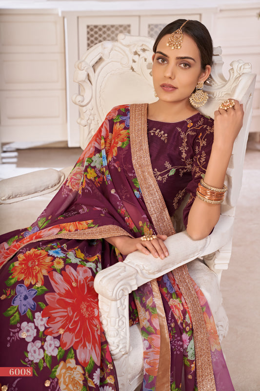 Elegant Wine Floral Georgette Lehenga Choli with Sequins & Dori Work