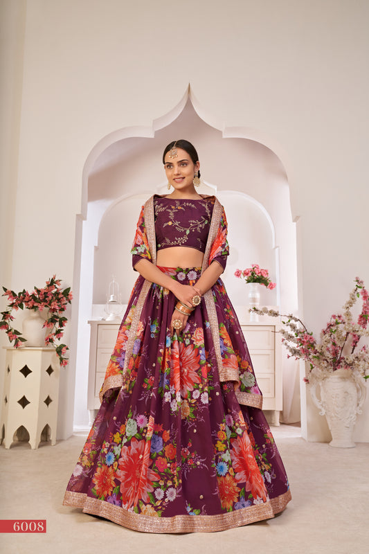 Elegant Wine Floral Georgette Lehenga Choli with Sequins & Dori Work