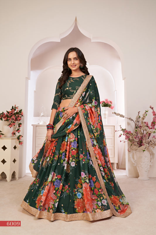 Elegant Green Floral Georgette Lehenga Choli with Sequins & Dori Work