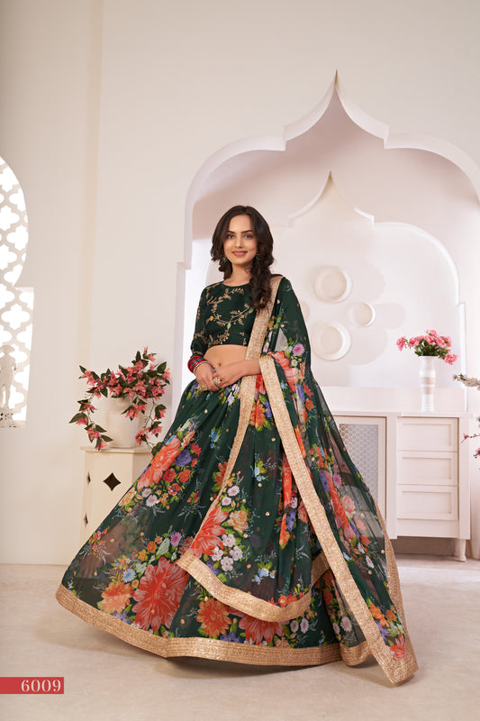 Elegant Green Floral Georgette Lehenga Choli with Sequins & Dori Work