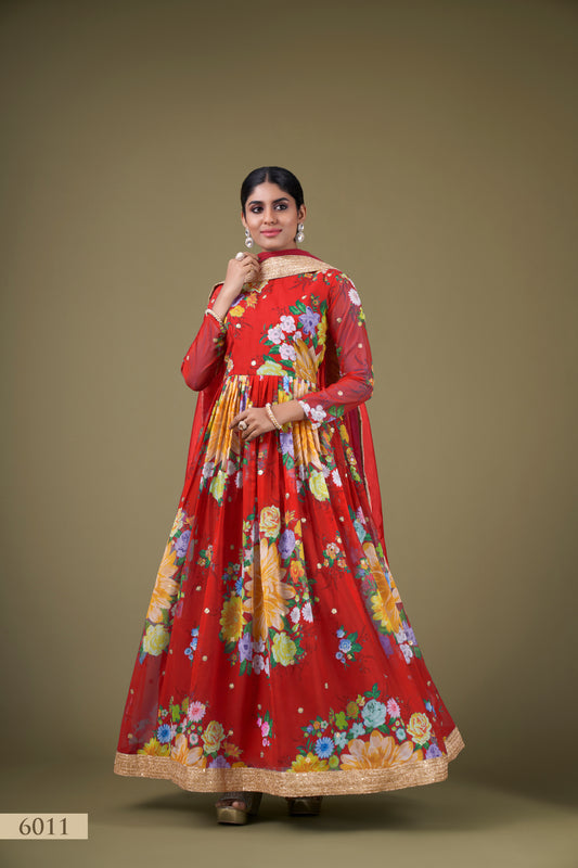 Vibrant Red Floral Anarkali Gown with Sequin Work