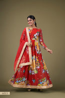 Vibrant Red Floral Anarkali Gown with Sequin Work
