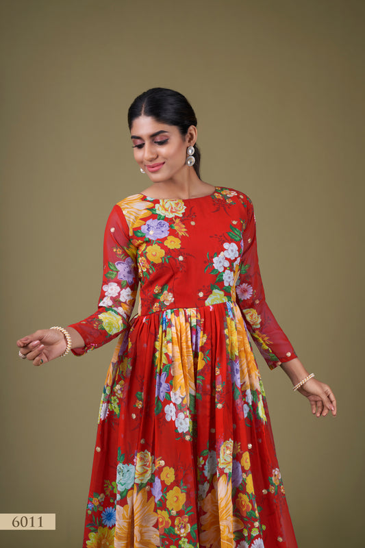 Vibrant Red Floral Anarkali Gown with Sequin Work