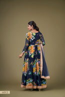 Elegant Navy Blue Floral Anarkali Gown with Sequin Work