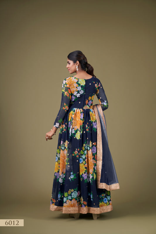Elegant Navy Blue Floral Anarkali Gown with Sequin Work