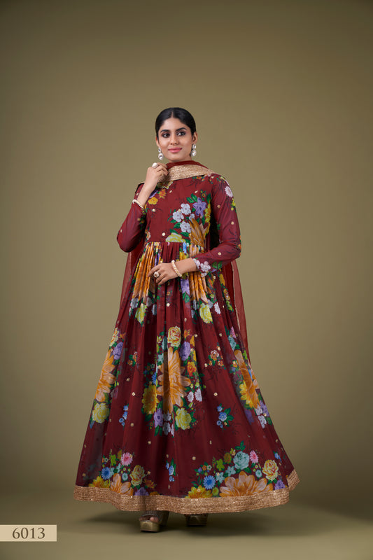 Elegant Maroon Floral Anarkali Gown with Sequin Work