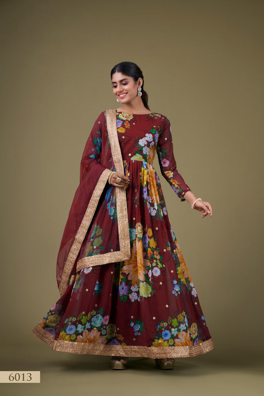 Elegant Maroon Floral Anarkali Gown with Sequin Work