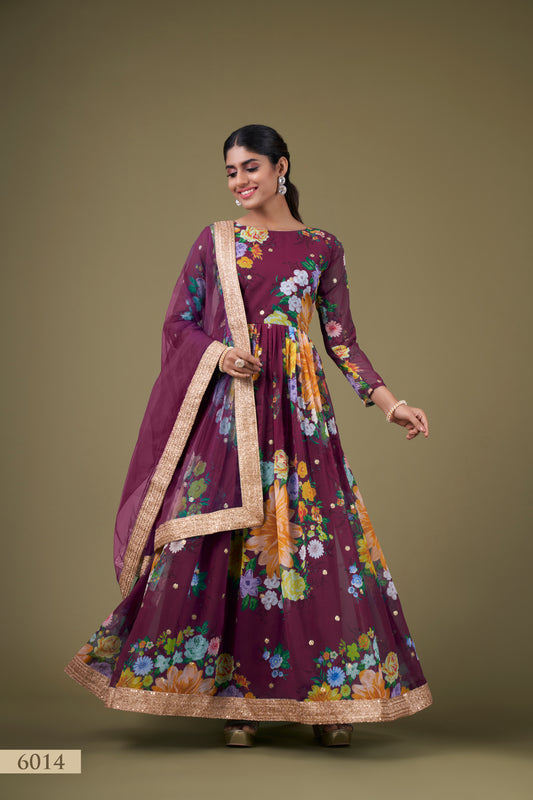 Regal Wine Floral Anarkali Gown with Sequin Work