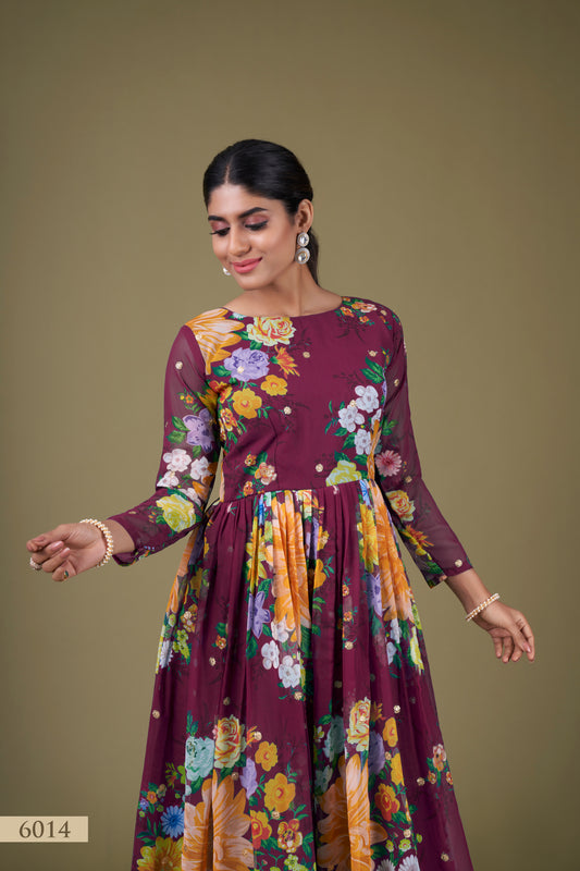 Regal Wine Floral Anarkali Gown with Sequin Work