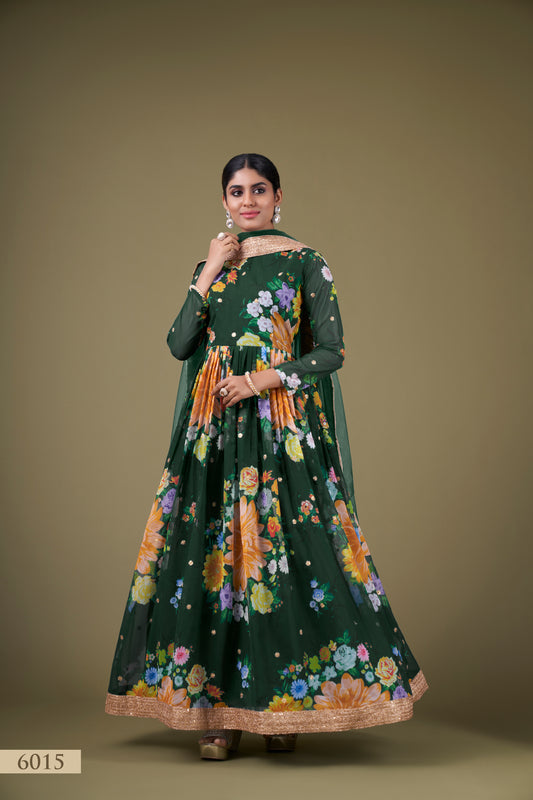 Exquisite Green Floral Anarkali Gown with Sequin Work