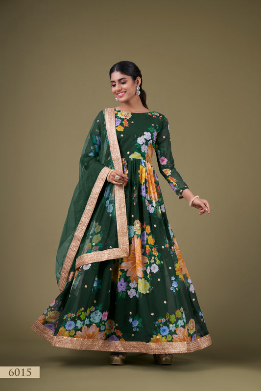 Exquisite Green Floral Anarkali Gown with Sequin Work