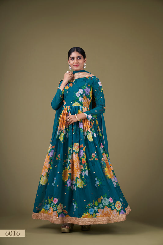 Exquisite Teal Floral Anarkali Gown with Sequin Work