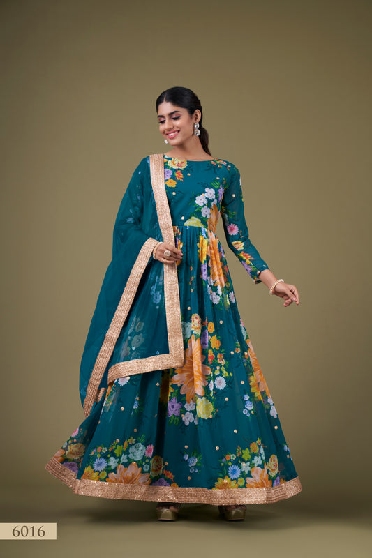 Exquisite Teal Floral Anarkali Gown with Sequin Work