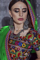 Rajwadi Black Gamthi Embroidered Navratri Chaniya Choli with Neon Green Dupatta
