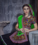 Rajwadi Black Gamthi Embroidered Navratri Chaniya Choli with Neon Green Dupatta