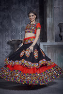 Designer Red & Black Navratri Chaniya Choli with Multicolor Embroidery & Blue Dupatta – Garba & Festive Wear