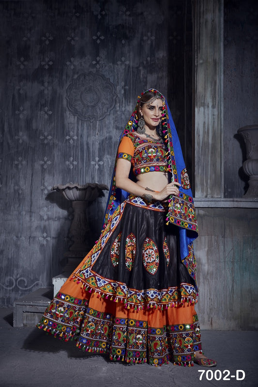 Navratri Chaniya Choli 2025 – Rajwadi Black & Orange Umbrella Lehenga with Gamthi & Mirror Work