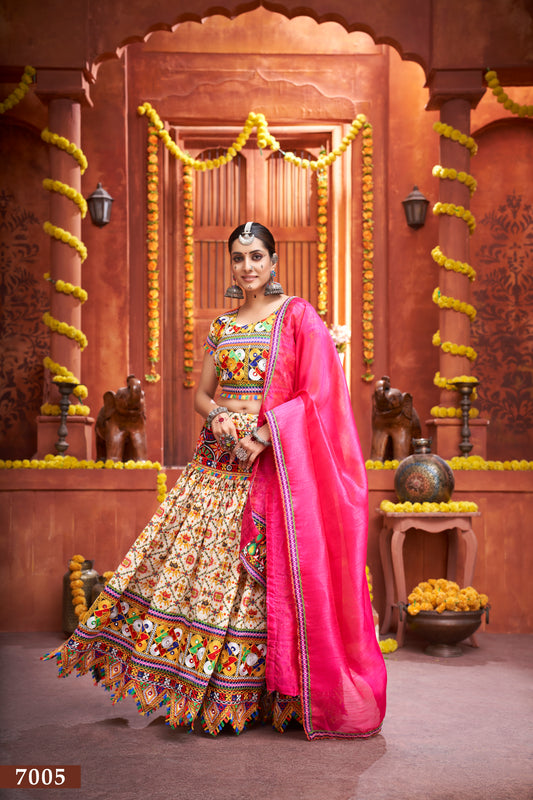 Navratri Special Cream Floral Embroidered Lehenga Choli with Pink Dupatta