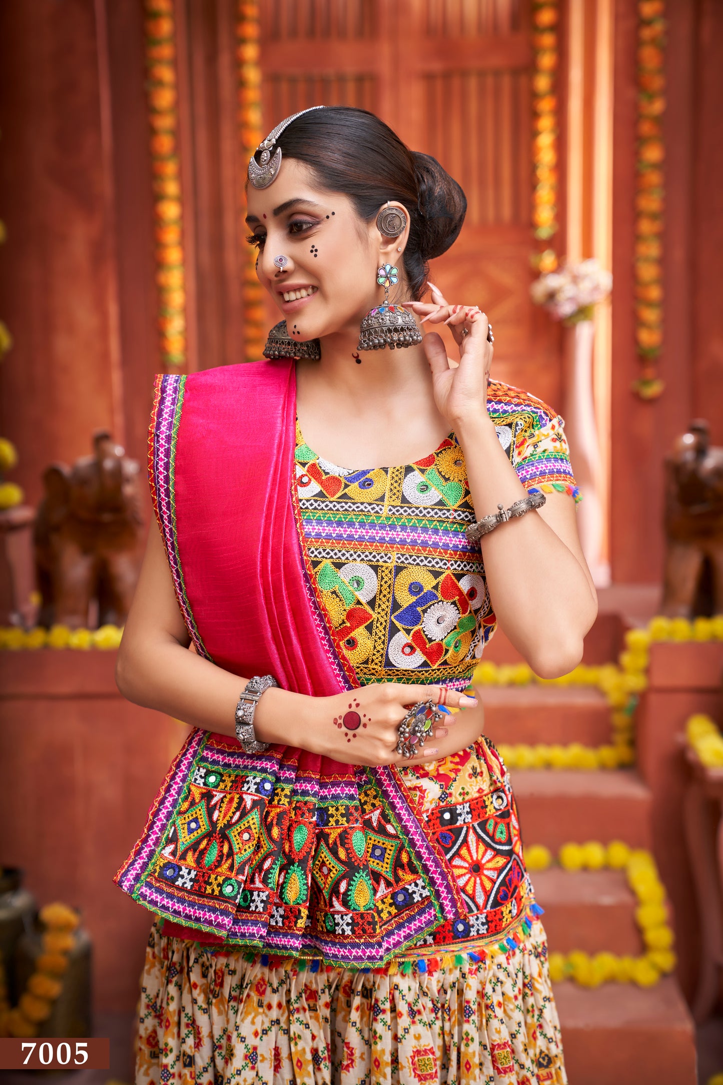 Navratri Special Cream Floral Embroidered Lehenga Choli with Pink Dupatta