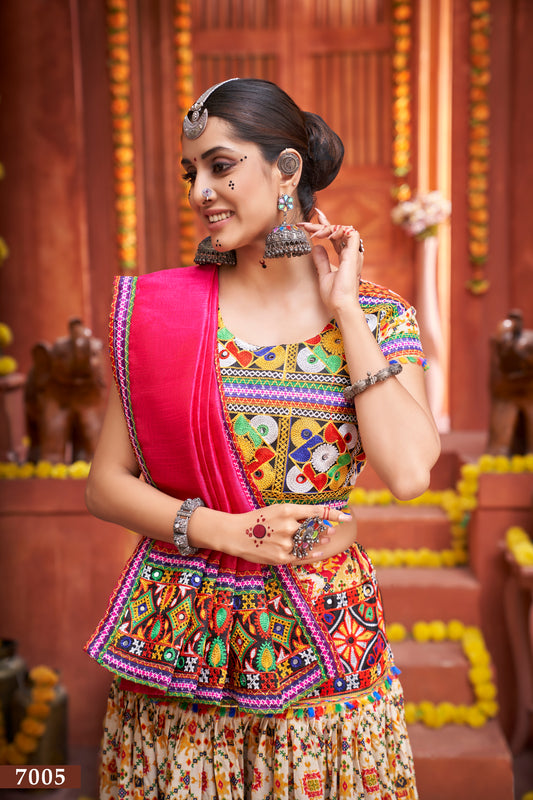 Navratri Special Cream Floral Embroidered Lehenga Choli with Pink Dupatta