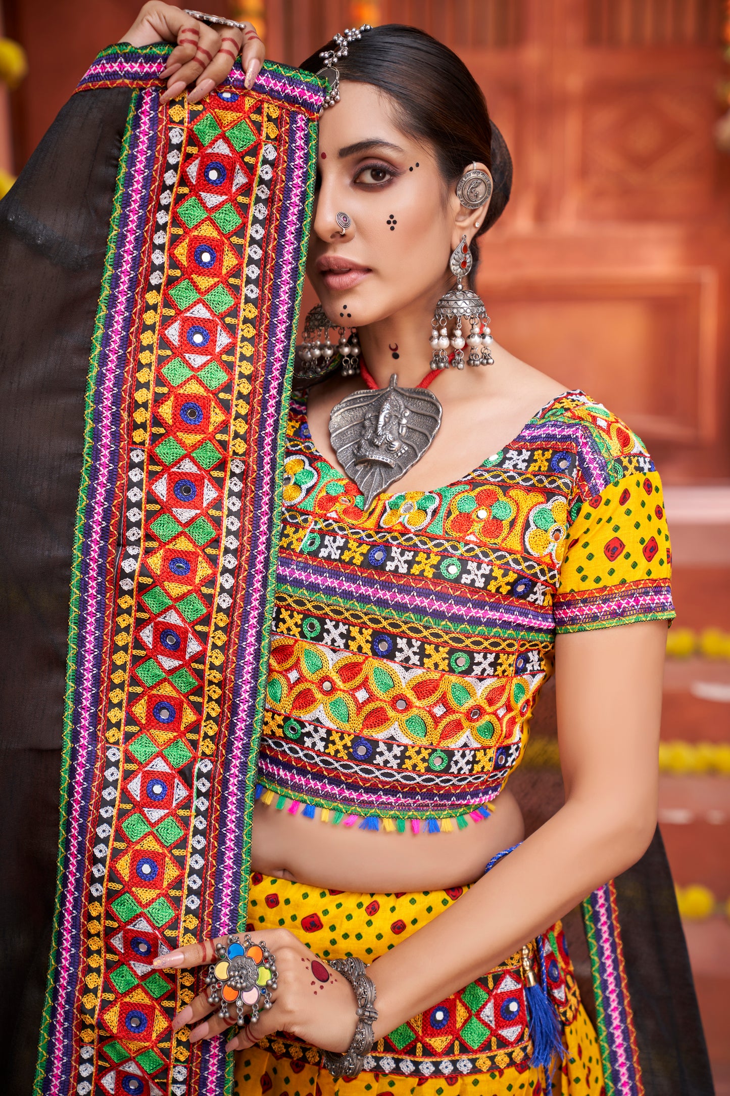 Traditional Navratri Special Yellow Mirror Work Lehenga Choli with Black Dupatta