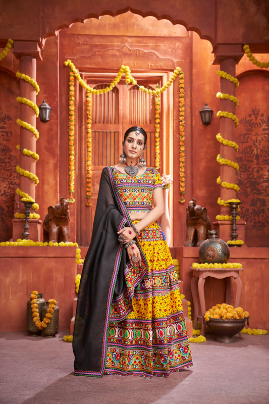 Traditional Navratri Special Yellow Mirror Work Lehenga Choli with Black Dupatta