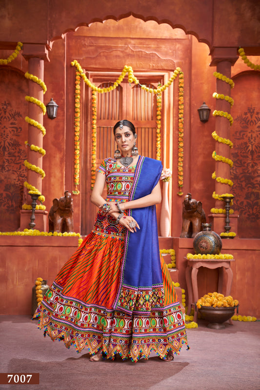 Navratri Special Orange Embroidered Lehenga Choli with Blue Dupatta