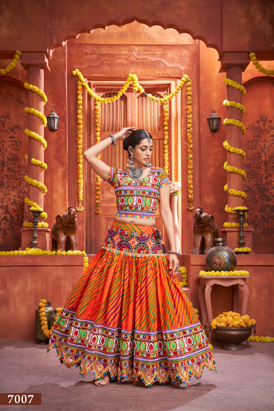 Navratri Special Orange Embroidered Lehenga Choli with Blue Dupatta