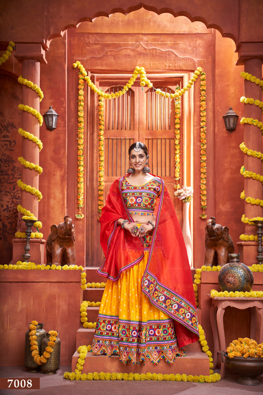 Navratri Special Yellow Embroidered Lehenga Choli with Red Dupatta
