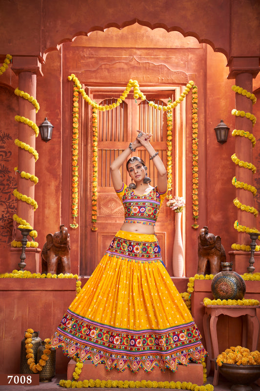 Navratri Special Yellow Embroidered Lehenga Choli with Red Dupatta
