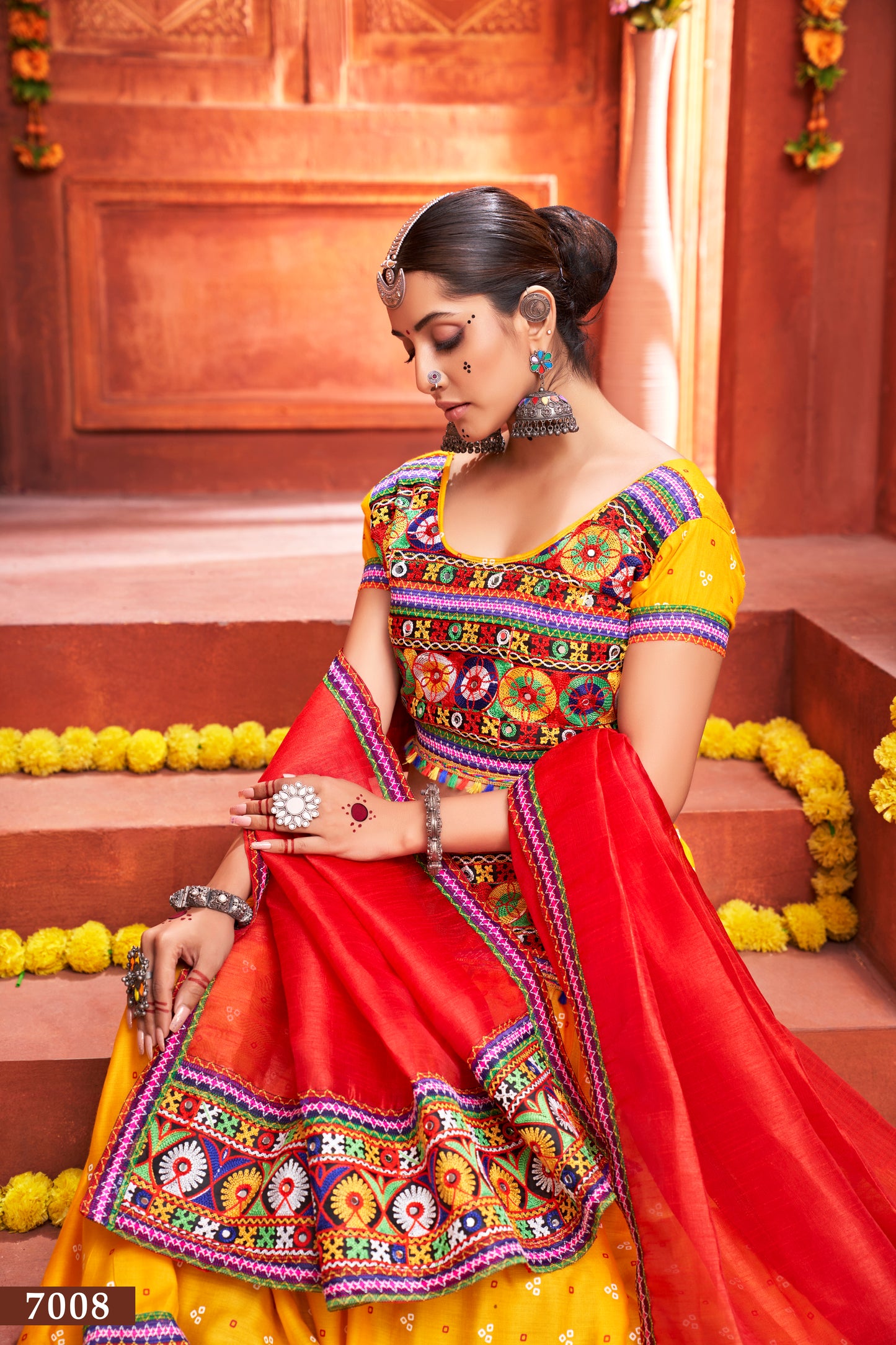Navratri Special Yellow Embroidered Lehenga Choli with Red Dupatta