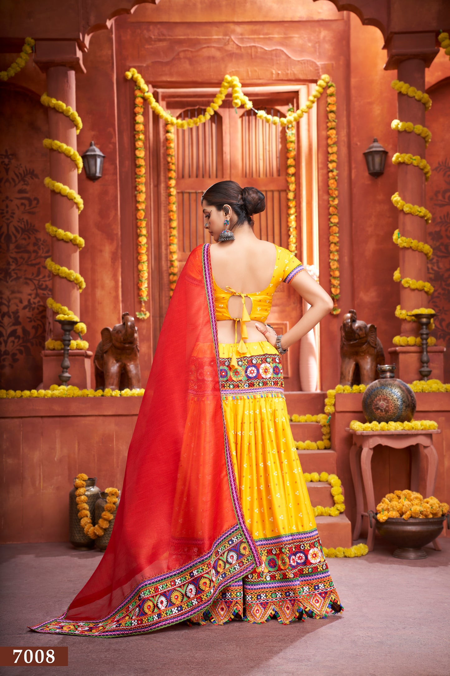 Navratri Special Yellow Embroidered Lehenga Choli with Red Dupatta