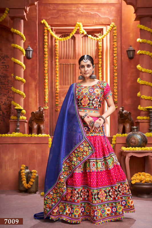 Navratri Special Pink Embroidered Chaniya Choli with Blue Dupatta