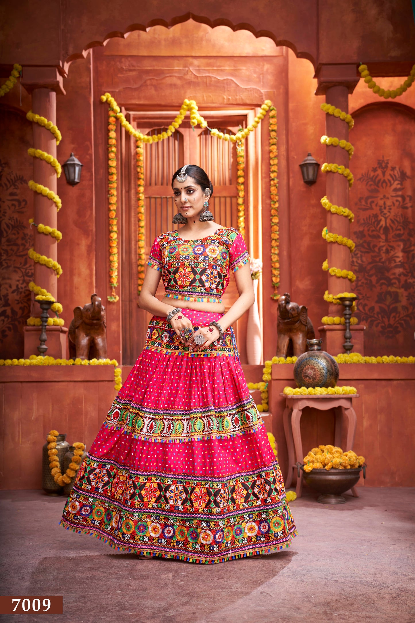Navratri Special Pink Embroidered Chaniya Choli with Blue Dupatta